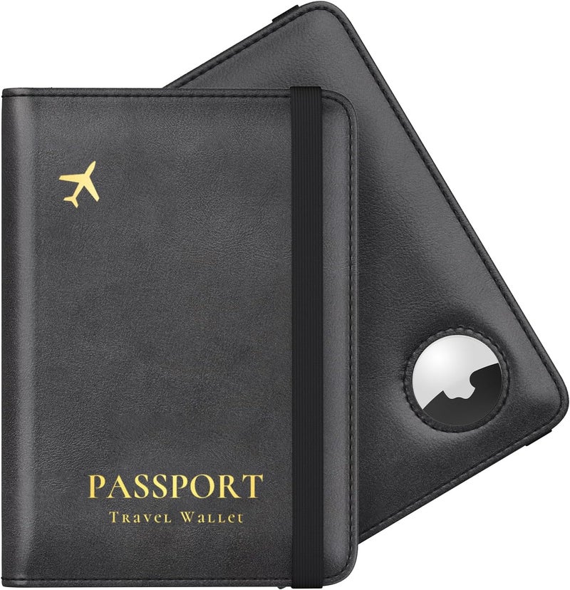 Stouchi حامل جواز سفر AirTag، حامل جواز سفر نحيف للعائلة مع فتحة AirTag، غلاف جواز سفر RFID للرجال، حقيبة جواز سفر من جلد PU، ملحقات سفر مضادة للفقد، أسود - Image 1